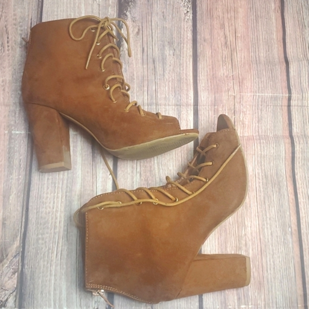 Macy's brown booties lace up open toe heels zipper